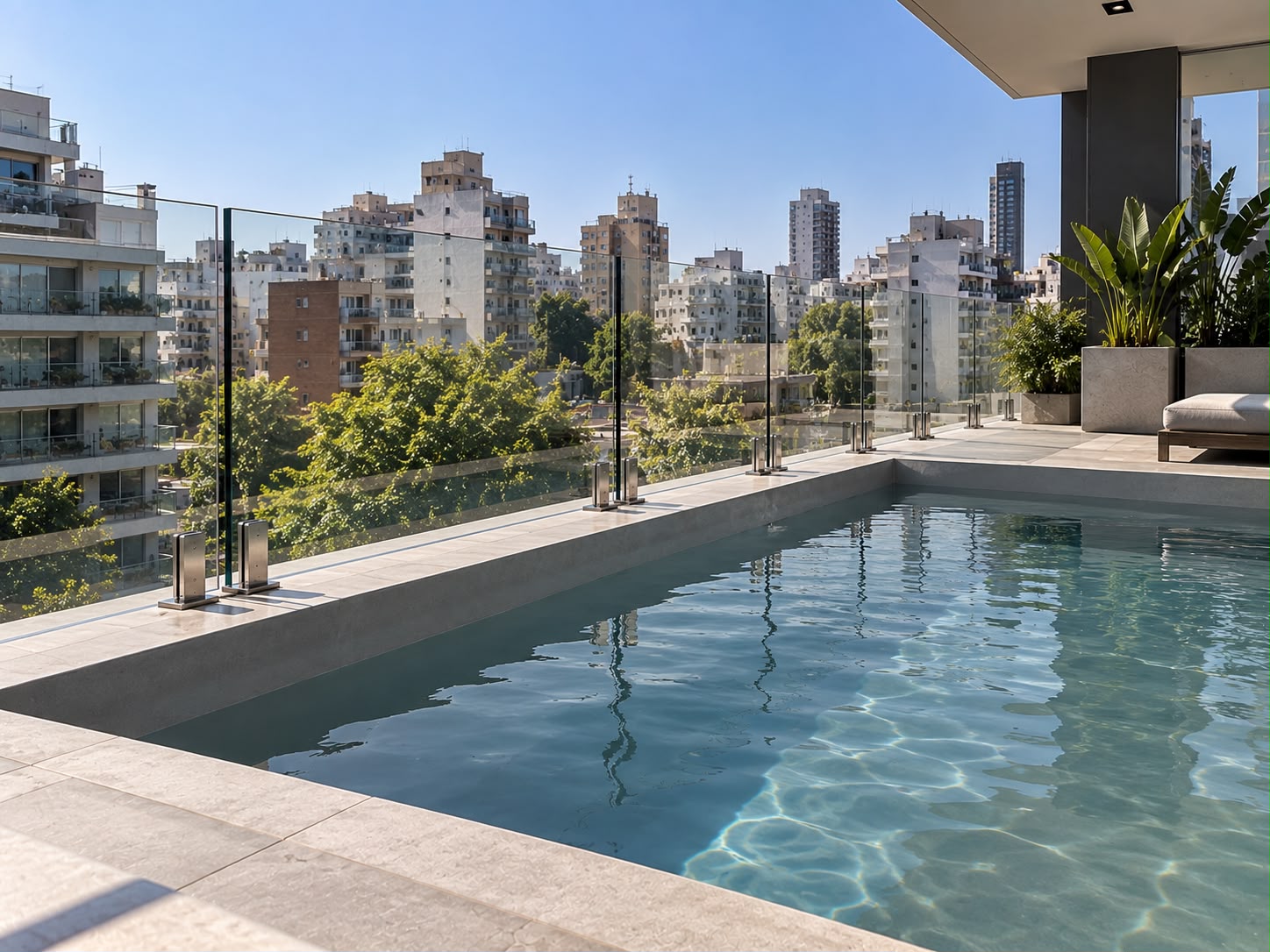 Paneles de vidrio templado en una terraza con piscina