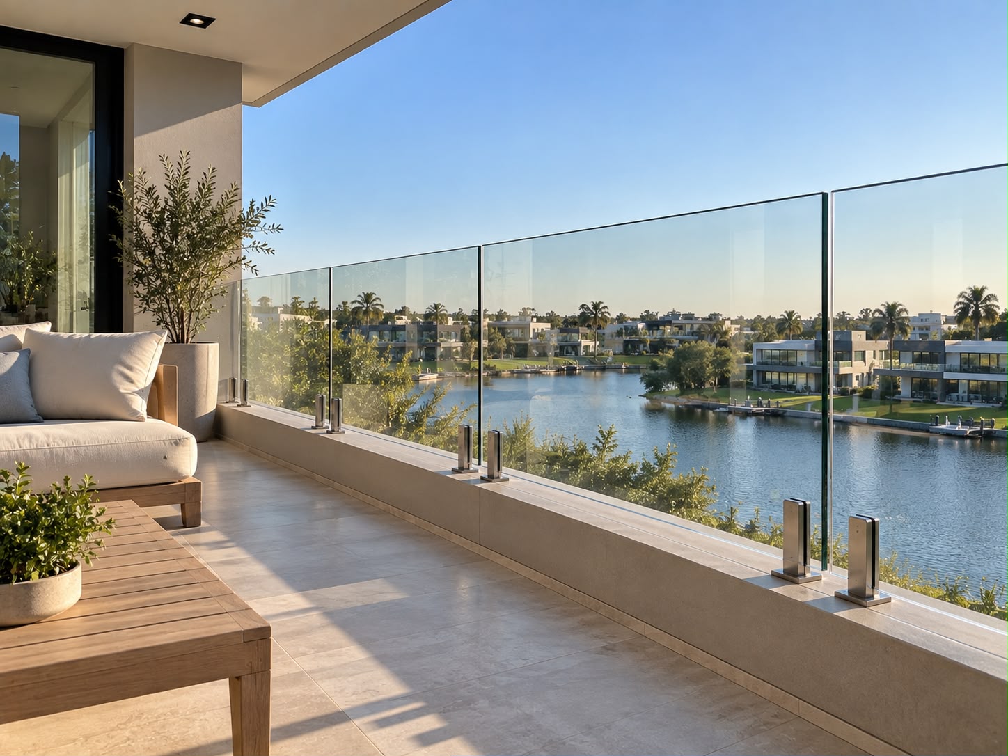 Baranda de vidrio templado con espigas en un balcón con vista al lago