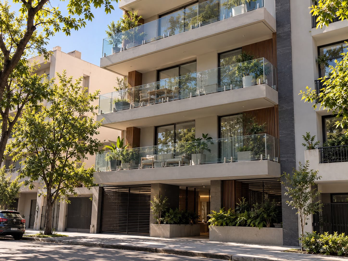 Balcones de un edificio con barandas transparentes de vidrio
