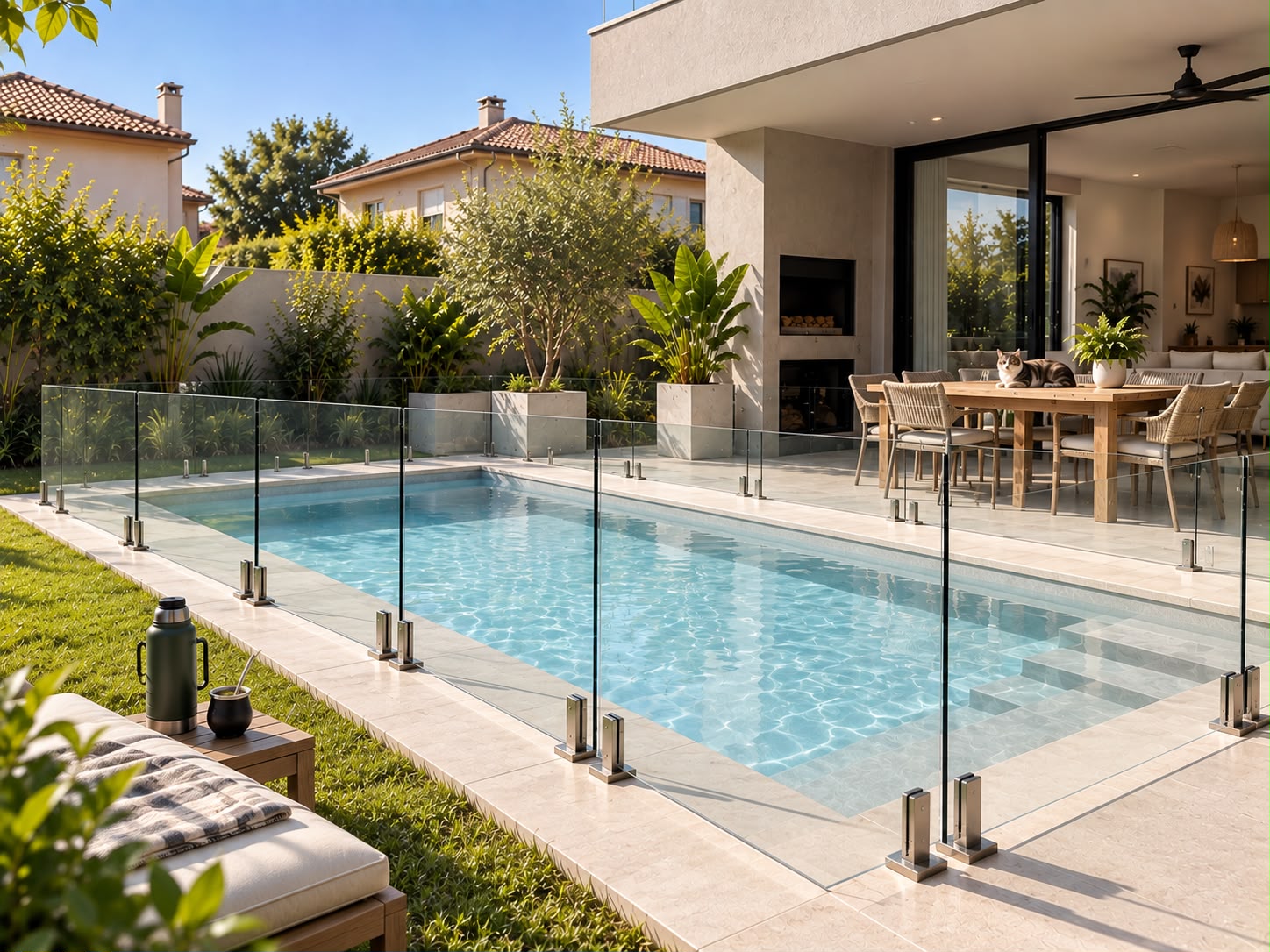 Cerramiento de piscina de vidrio templado sujeto con espigas